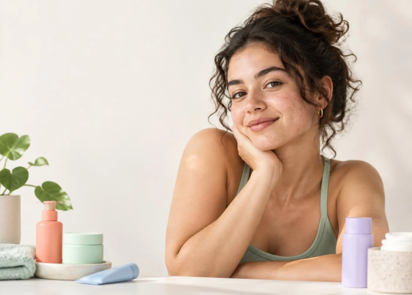 A person resting their chin on their hand at a table with a few skincare products